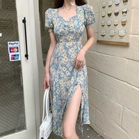 2021 spring and summer pastoral style small daisy flower dress female elegant casual side slit slim dress long green