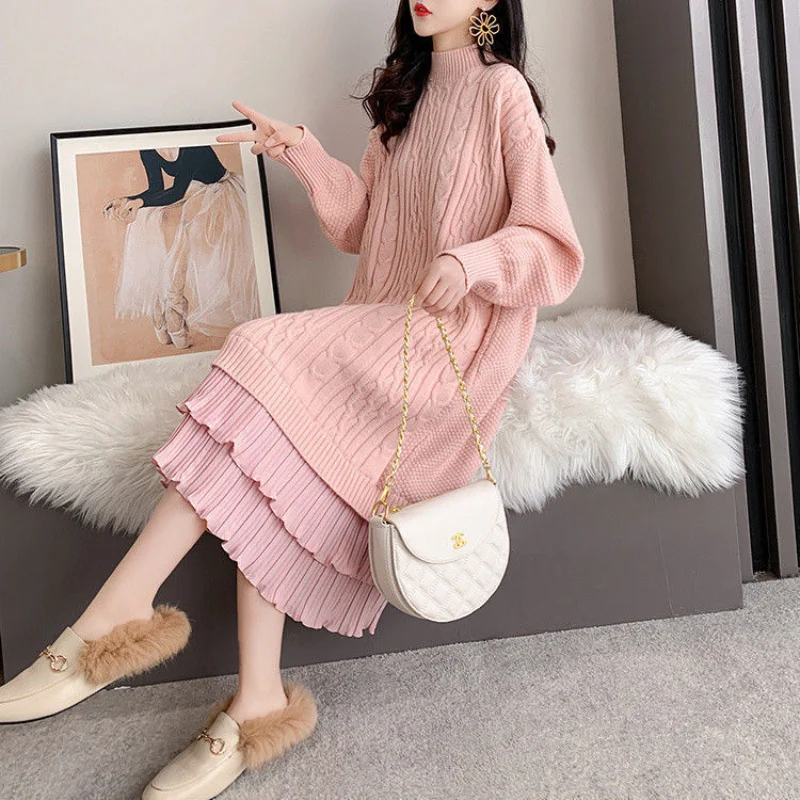 

2021 Women Winter Vintage Knit Sweater Dress Lady Ruffles Stand Collar Warm Long Sleeve Vestidos Female Solid Casual Dresses N85