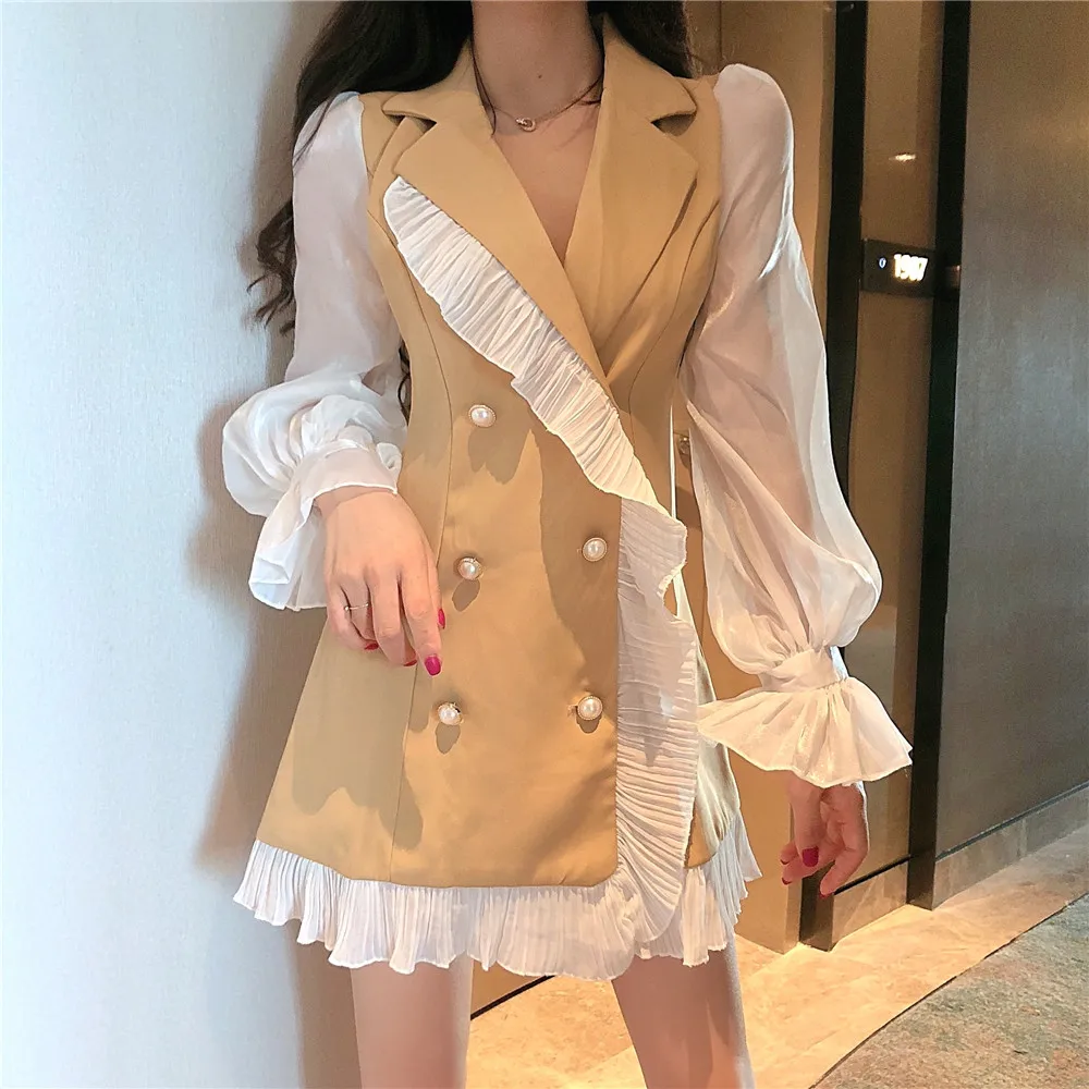 2020 New Spring Autumn Japan Style Double Breasted Blazers Women Patchwork Pleated Long Blazer Coat Slim Flare Sleeve Jacket 980