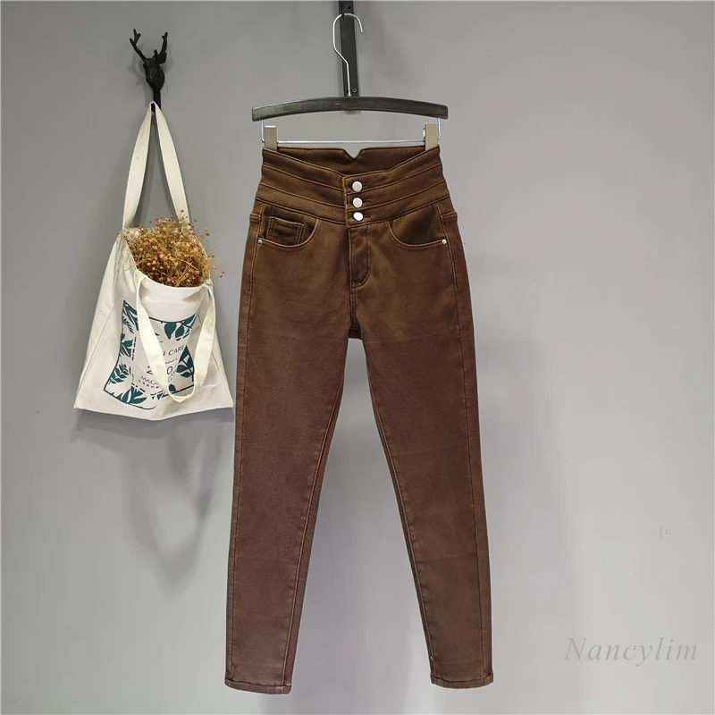 

Coffee Color High Waist Single-Breasted Winter Jeans Women Stretch Slimming Fleece Lined Padded Keeping Warm Denim Pencil Pants