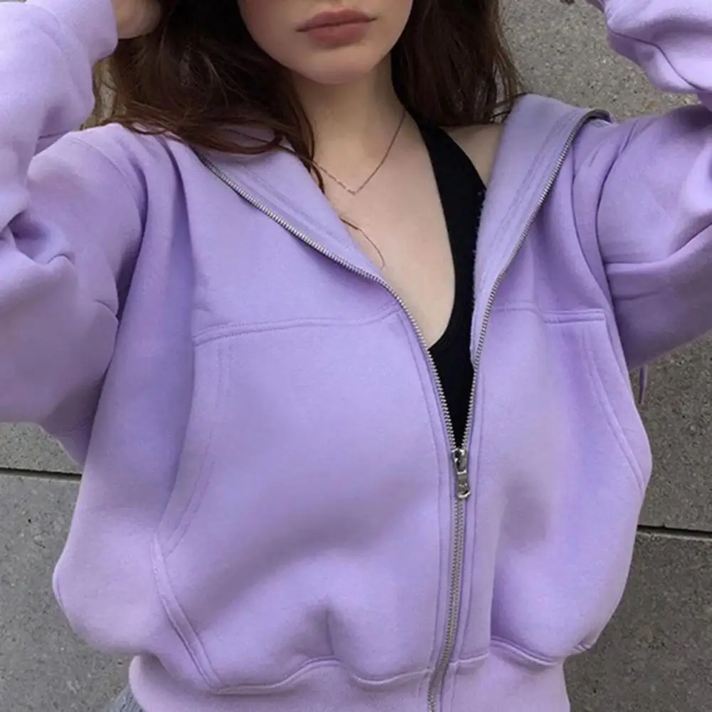 

Women Casual Solid Color Long Sleeve Zipper Pockets Short Hoodie Hooded Coat