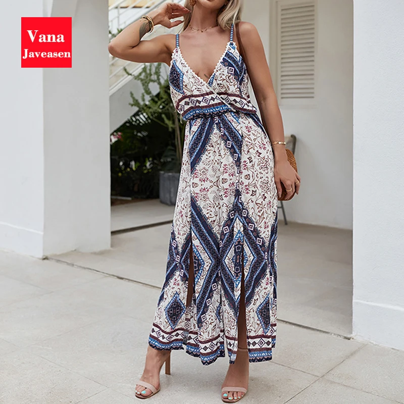 

Bohemian Deep V Neck Rompers Womens Lace Patchwork Printed Sexy Split Jumpsuits Overalls for Women Summer Wide Legs Outfits