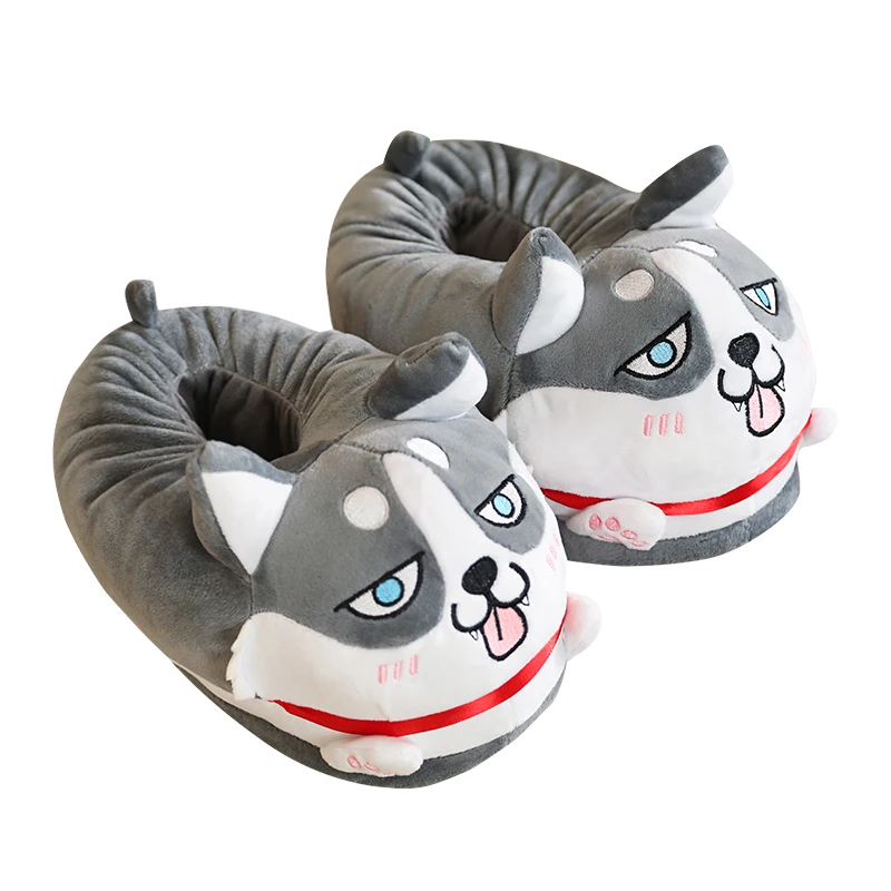 36-44yead Cute dog husky warm cotton slippers fat shoes men and women couple's bedroom cotton shoes mute