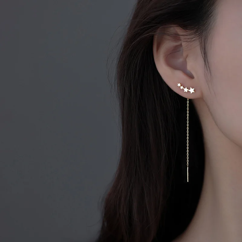 

925 Sterling Silver Tassel Crystal Star Heart Korean Stud Earring For Women Wedding Party Jewelry Pendientes Accessories eh959