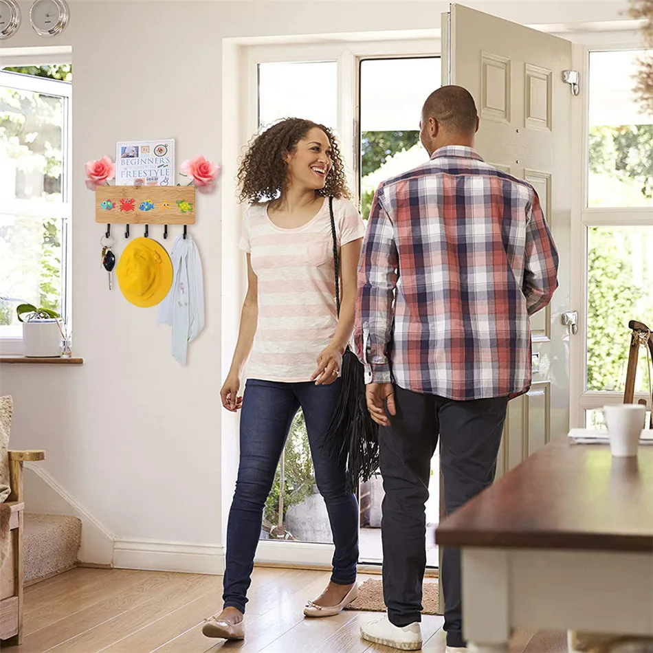 

Key Sundries Hanger Rack Lovely Colorful Marine Life Printed Bamboo Wood Wall-Hanging Storage Racks Decorative Home Hook Holder