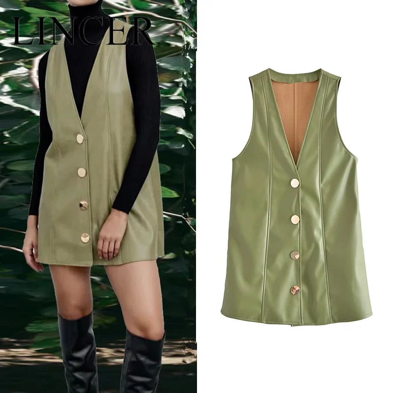 

Elegant Ladies Dresse Mini Dress Woman Summer V Neck Button Up PU Leather Sleeveless Dress