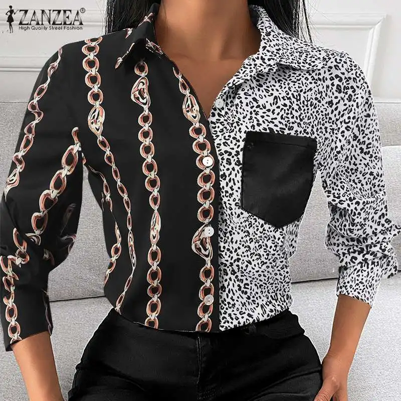 

ZANZEA Autumn Women Full Sleeve Lapel Blouse Leopard Patchwork Button Shirt Bohemian Loose Casual Holiday Blusas Chain Shirt