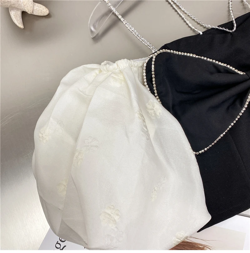 

Short Blusas Mujer 2021 Summer New Temperament Socialite Rhinestone Bow Suspenders Jacquard Women Shirt Short Puff Sleeve Top