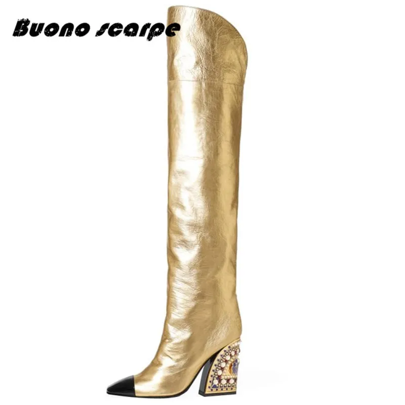Buonoscarpe/Новинка модные кожаные ботинки золотистого цвета Bota Feminina Новое