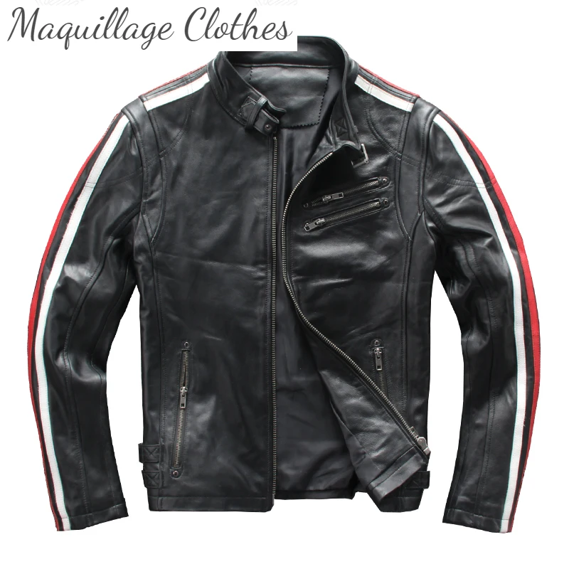 

Мужская мотоциклетная куртка из натуральной воловьей кожи, облегающее пальто составного кроя из натуральной кожи, 2021