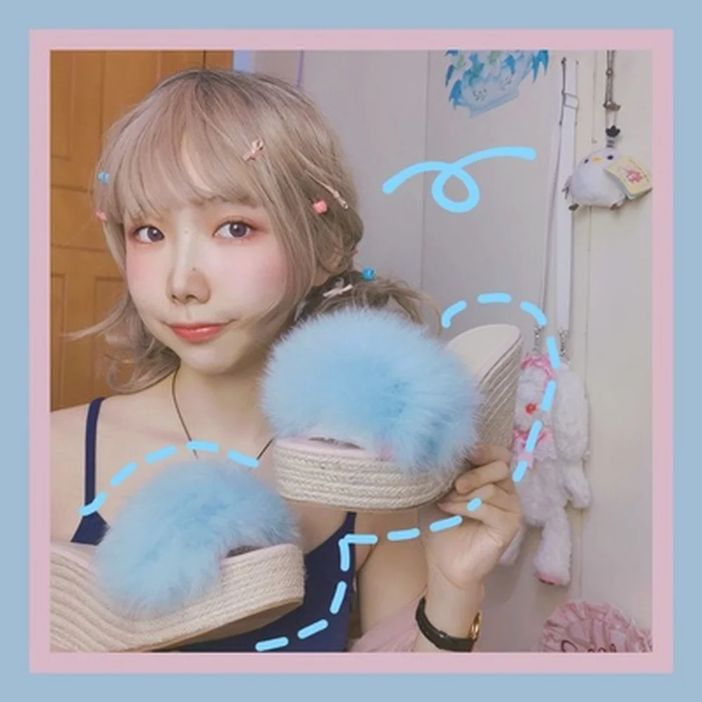 

Hot Sale Womens Real Fox Fur Slipper Platform Muffin High Wedge Heel Shoes Slides Slingback Flip Flops Rhinestones New DIY 2021