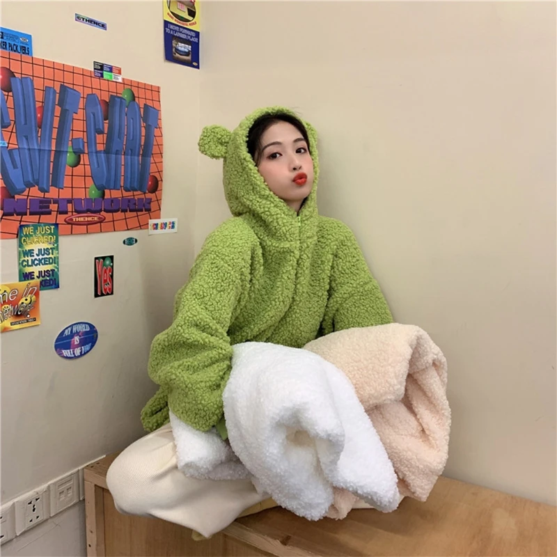 Женская зимняя Милая лягушка глаза куртка с капюшоном длинным рукавом из