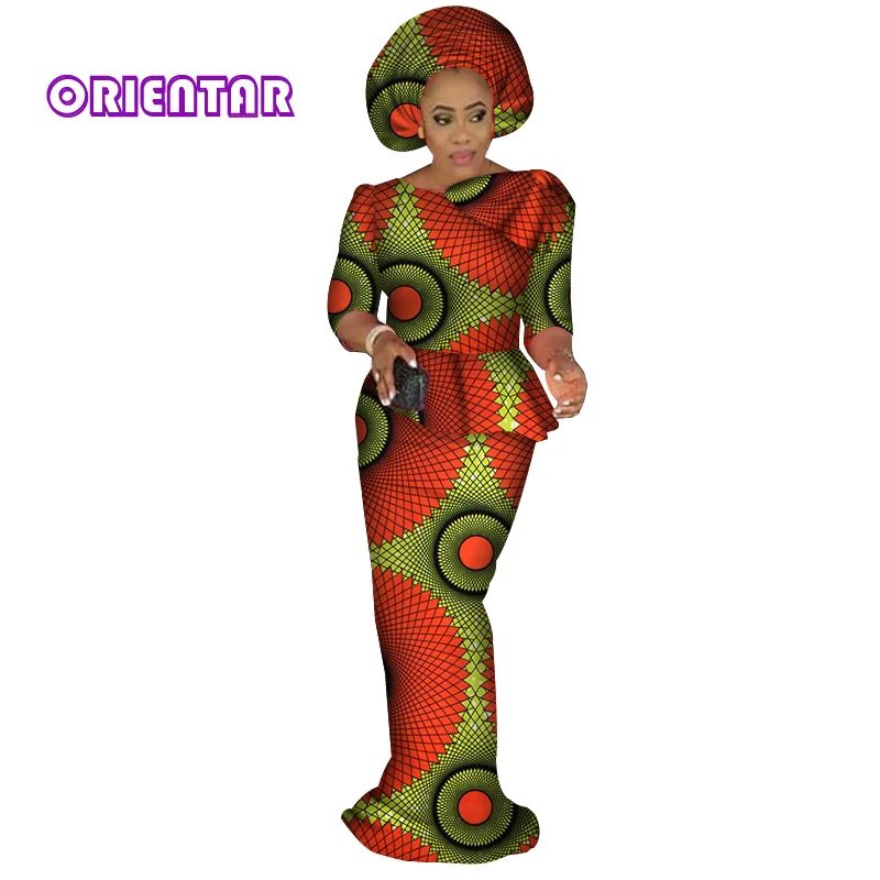 Two Pieces Set African Outfits for Women Blouse and Long Skirt Sets with Headscarf Women Party African Clothing 6XL WY3610