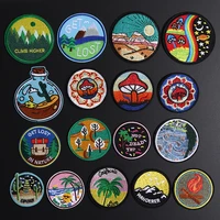 1pcs punk camping desert embroidered appliques iron on forest mushroom patches diy drifting bottle summer pineapple round badges