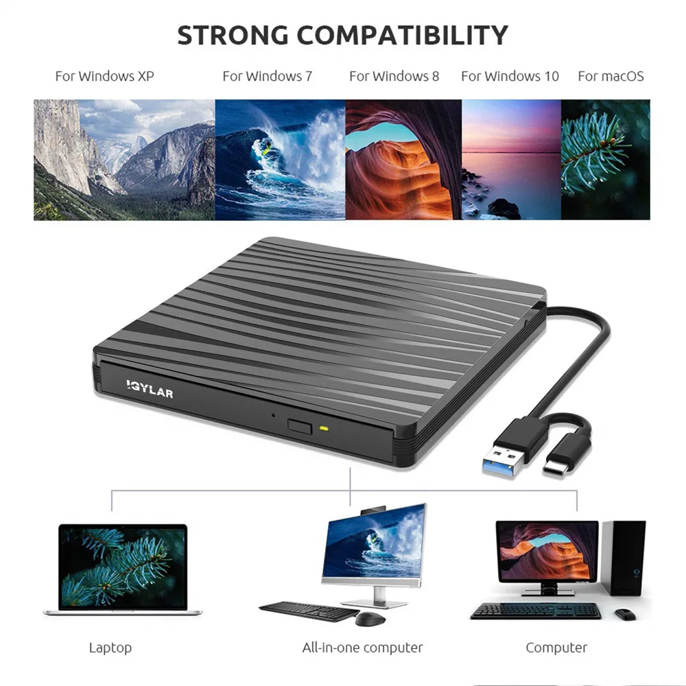 USB 3.0 Type C External CD Drive Dual Interface DVD Burner Writer DVD-RW ROM Player for hp Laptop Computer Windows | Электроника