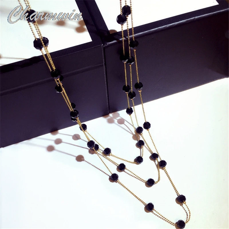 Charmwin Длинные ожерелья для женщин Новая мода простая черная искусственная