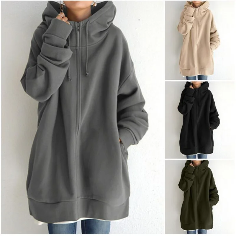 

2021 Autumn Winter New Hooded Sweatshirt Women Street Sweater Zipper Hooded Long Plus Fleece Sweater Women