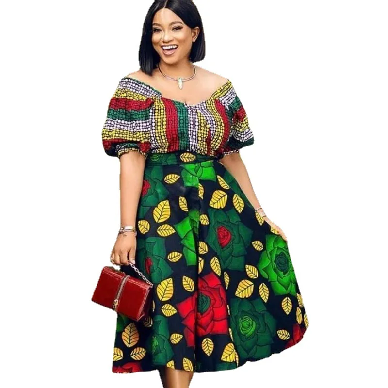 

Plus Size Off The Shoulder Party Dress Fashion Print Short Sleeve Summer Dress 2021 New Women Club Outfits African Dresses