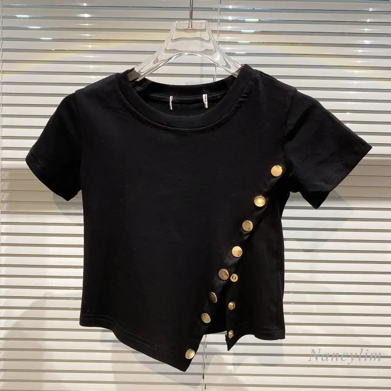 

Cropped T Shirt for Women 2021 Summer New Buckle Stretch Slim-Fit Short Sleeve Cotton T-shirts White Black