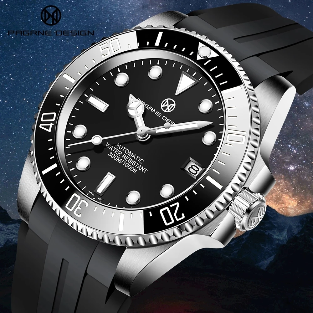 

PAGRNE DESIGN Men's Mechanical Watch Top Brand Luxury Sapphire Glass Automatic Watch 300m Waterproof Stainless Steel Men's Watch