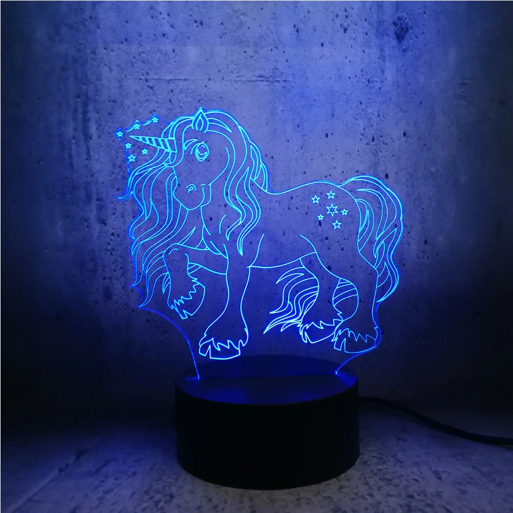 3D светодиодный светильник ночник длинные волосы единорог лошадь RGB лампа