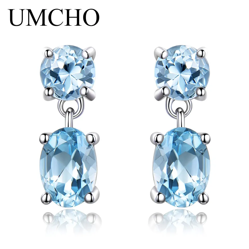 UMCHO Pure 925 Висячие серьги из серебра 925 пробы для женщин овальные граненые Небесно-Голубой топаз серьги с драгоценным камнем Рождественский подарок хорошее ювелирное изделие