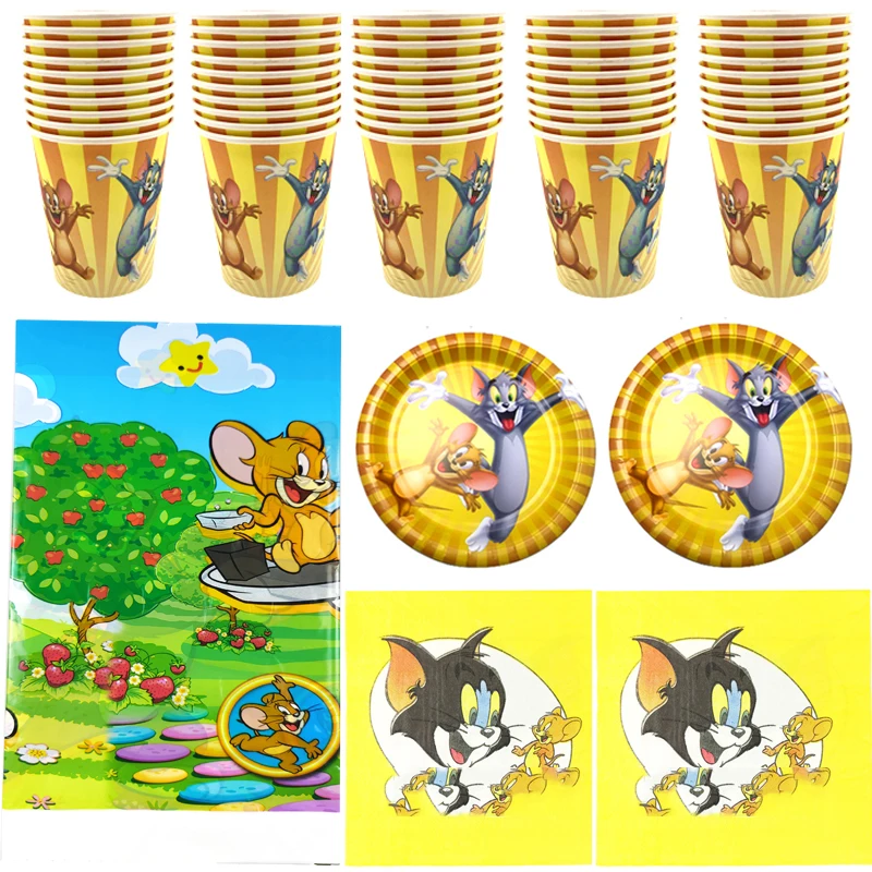 

61pcs/lot Kids Boys Favors Tom Cat Jerry Mouse Theme Napkins Tablecloth Birthday Party Plates Cups Decorations Tableware Set