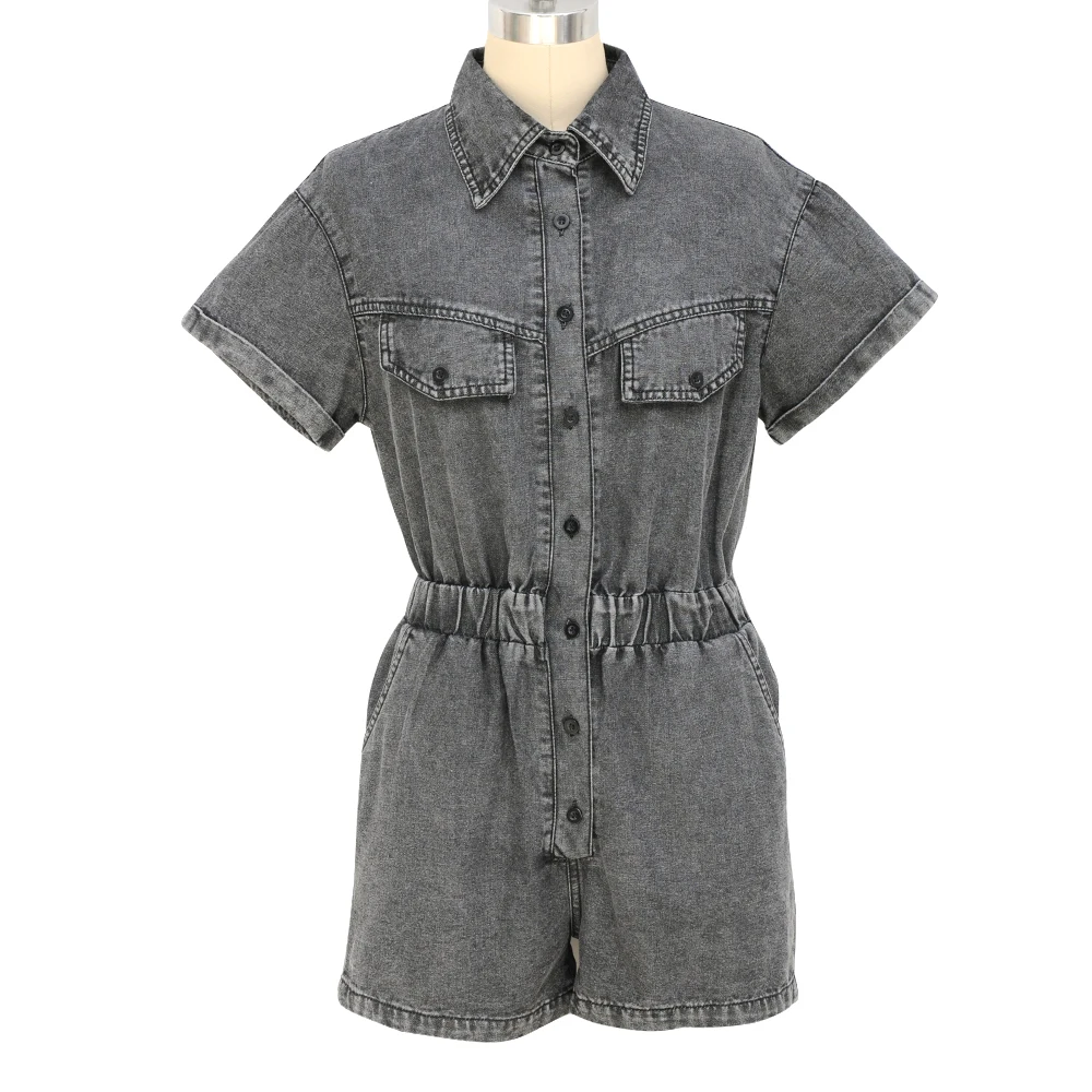 

2021 Summer Denim Short Jumpsuit Women Lapel Zipper Pockets Elastic Waist Retro Romper Solid Overall Ladies England