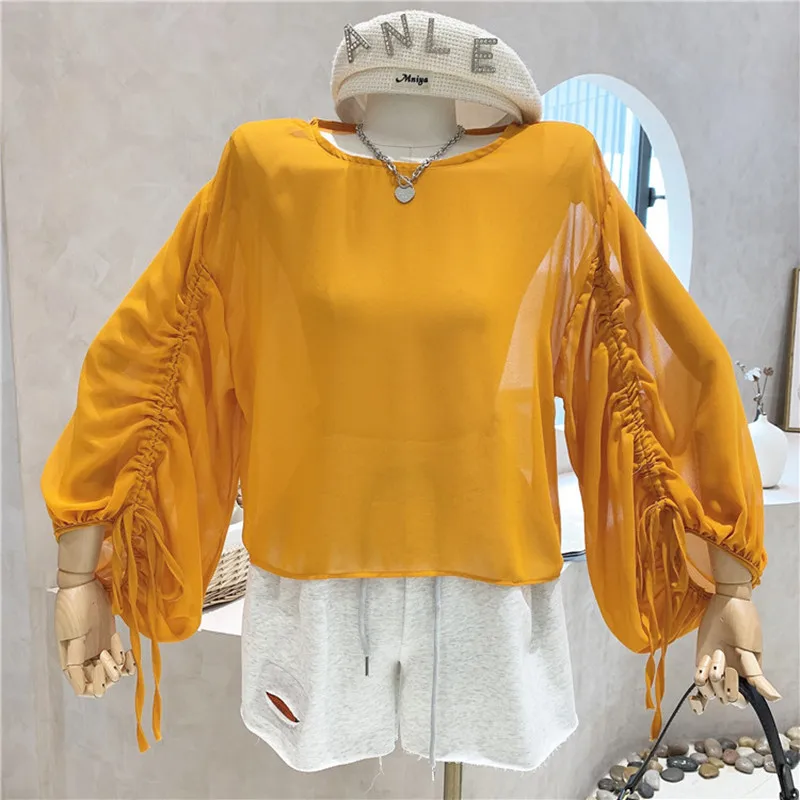

New Women's Spring Summer 2021 Fashion Pleated long sleeve thin sunscreen + shorts Two piece set
