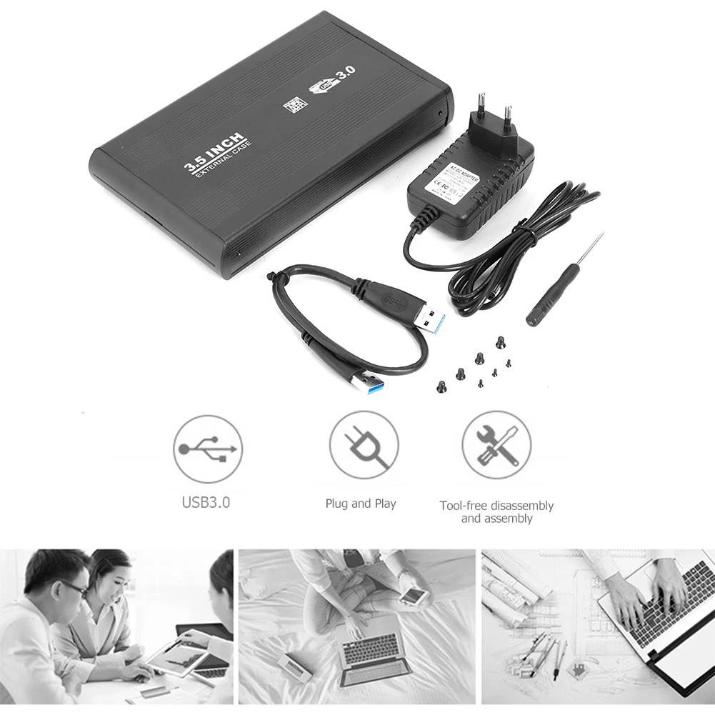 EU Plug 3.5in жесткий диск коробка SATA к USB3.0 алюминиевый сплав HDD чехол EU/US Plug внешний жесткий диск корпус с USB кабелем для компьютера - Цвет: EU Plug