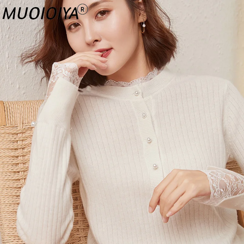 

Женские вязаные куртки из 100% шерсти, Новое поступление 2022, зимний Стандартный свитер с длинным рукавом и кружевным воротником, 2 цвета