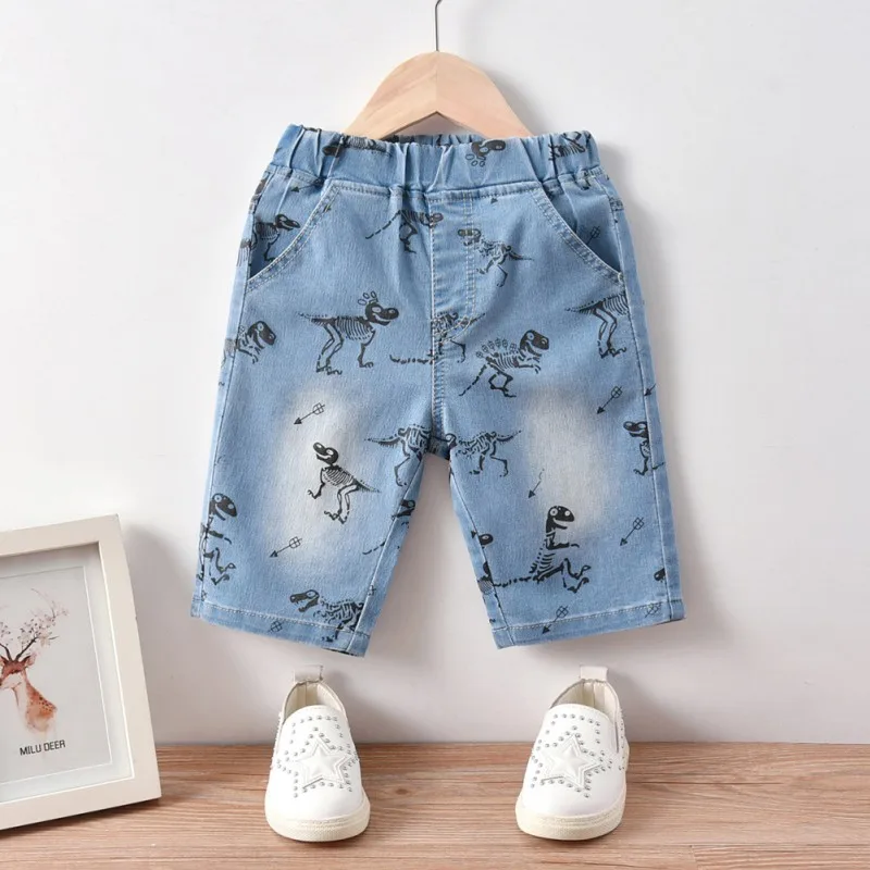 

Летние джинсы для мальчиков джинсовые шорты с рисунком динозавра детские штаны с эластичной резинкой на талии футболки для маленьких мальч...