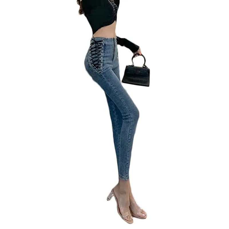 

2021Women High Waist Jeans Woman Sexy Black Blue Elastic Skinny Pencil Pants Female Plus Size Zipper Wash Denim Trousers Girl