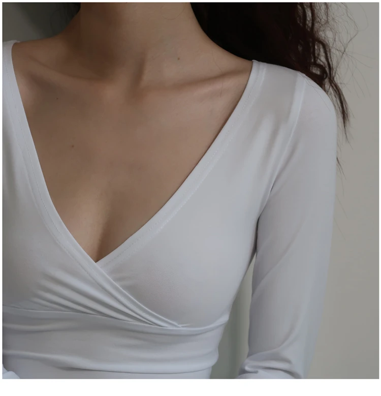 Женский укороченный Топ с длинным рукавом и V образным вырезом|Футболки| |