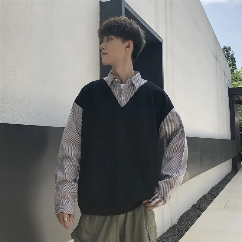 

Hong Kong Style 2021 Men's Striped Long Lapel New All-match Shirt Fake Two Autumn Trendy Jackets