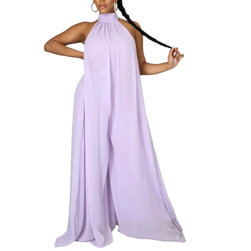 

Women Chiffon Halter Backless Jumpsuits Loose Style Long Overalls Elegant Party Club Jumpsuit
