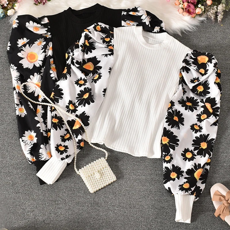 

Patchwork Blouse for Women Casual Floral Print Long Puff Sleeve Slim Fit Autumn Top Female Spliced Shirt AM2221