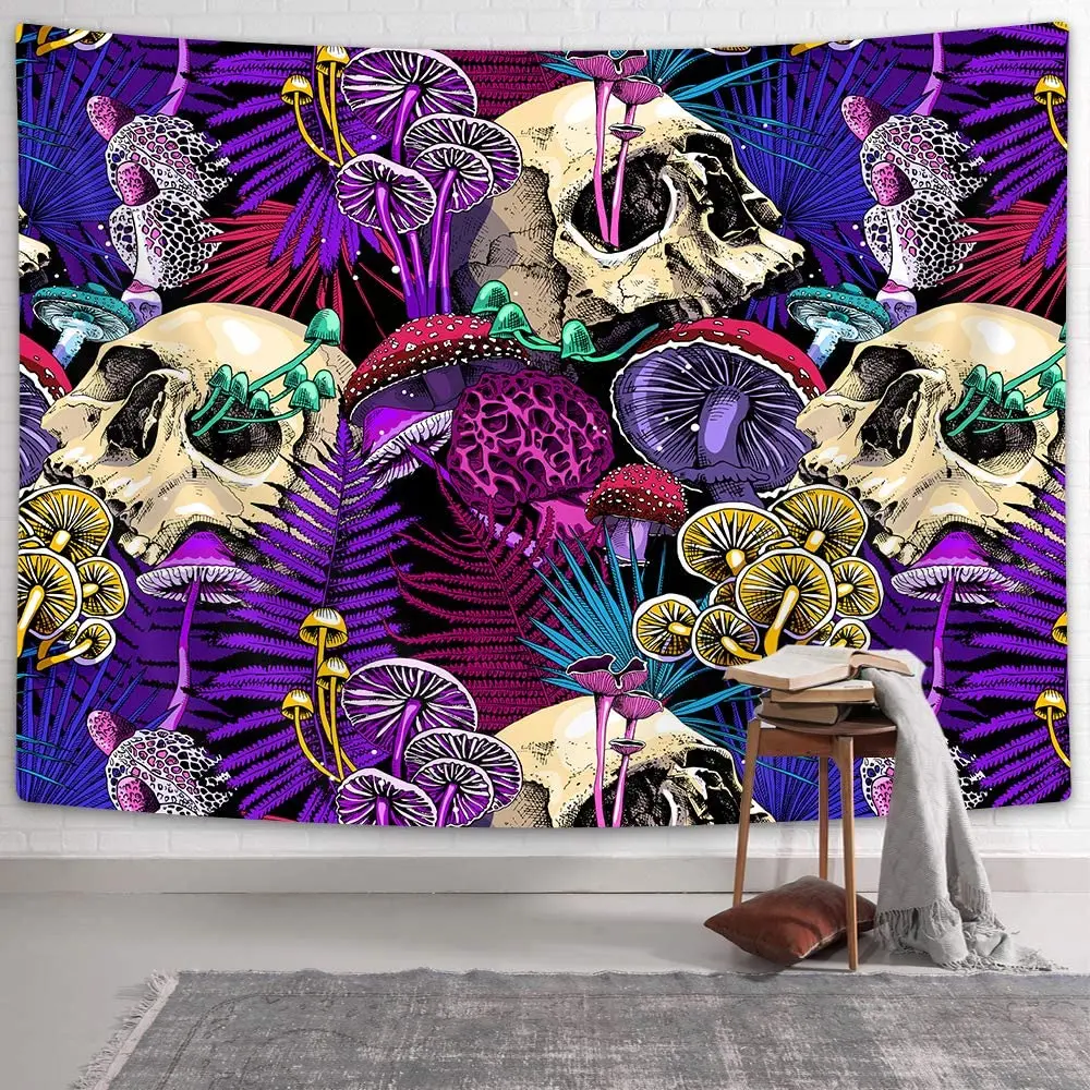 

Skulls and Mushrooms Tapestry Wall Hanging, Psychedelic Mushroom Colorful Plants Hippie Skeleton Skull Tapestries Wall Art