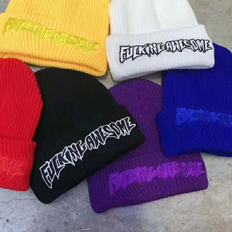 Fxxking Awesome Beanie Winter Hats For Women Ladies Men Acrylic Cap Billie Eilish Bonnet Autumn Knitted Hip hop Embroidery Skull