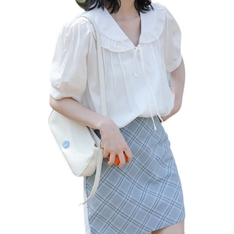 

Super fairy Peter pan collar shirt women's sense of design small loose students versatile bow tie tie top summer