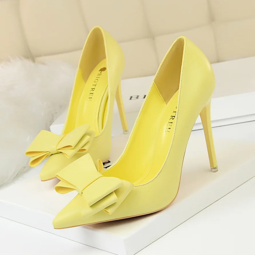 

Autumn Heel Shoes Pink Heels Woman Blue Sweet Bow Women White High Heels Matte Leather Pumps Thin Heel Pointed Ladies 34