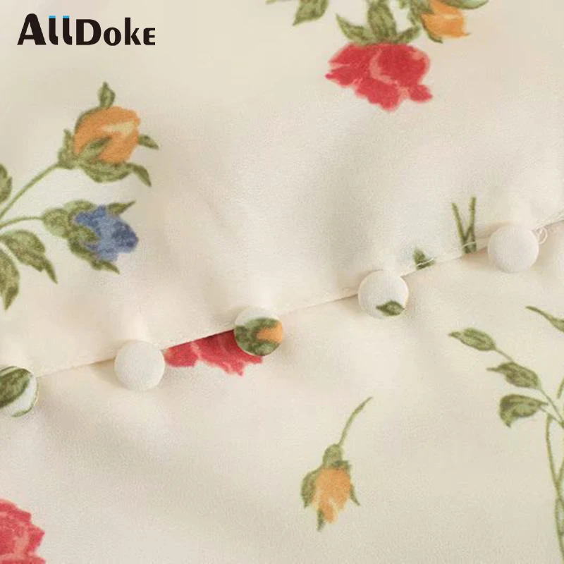 

ALLDOKE vintage white floral print women dress summer high waist v neck half sleeve button short A line ladies dresses vestidos
