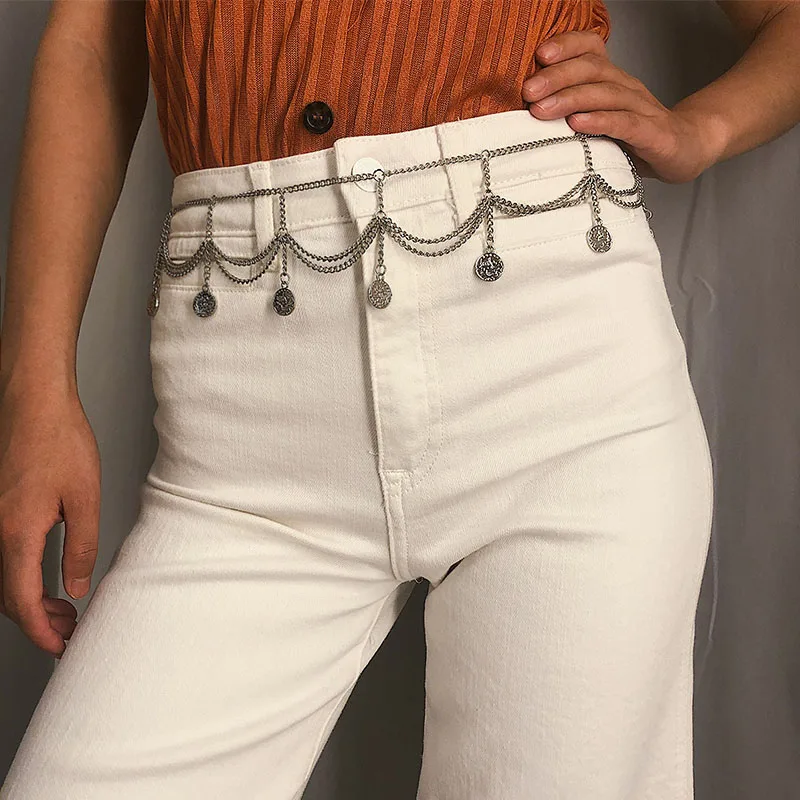 Женский длинный ремень в стиле ретро Z15 металлическая цепочка с монетами и