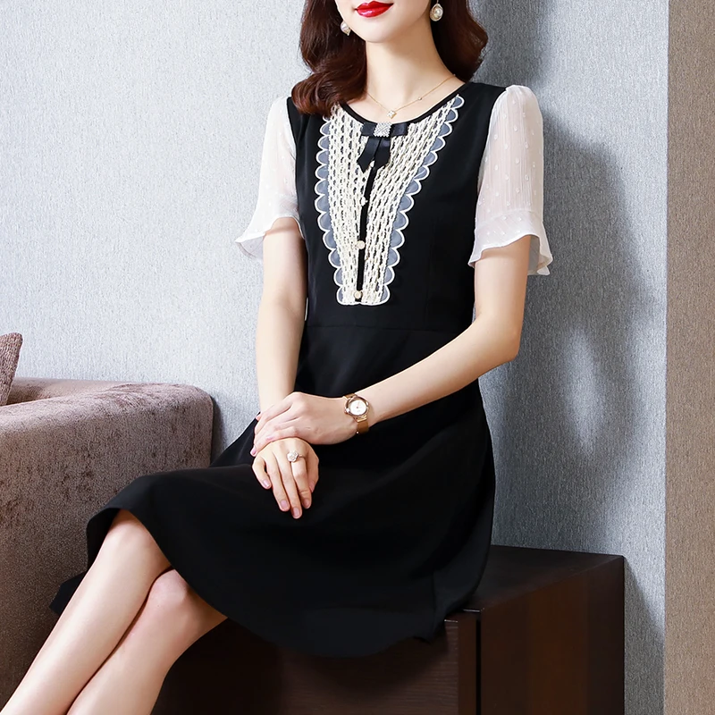 

2021 Summer Korean Slim Waist Patchwork Women Dress Vintage Lace Elegant Clothes Ladies Short Sleeve Office Lady Dresses