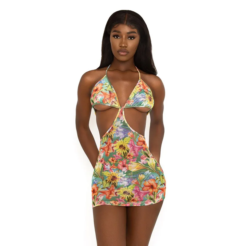

Spaghetti Strap Dress Skinny Halter Mini Women Print Hollow Out Sexy Shirring Summer Bodycon Dresses Backless Outifit Clubwear