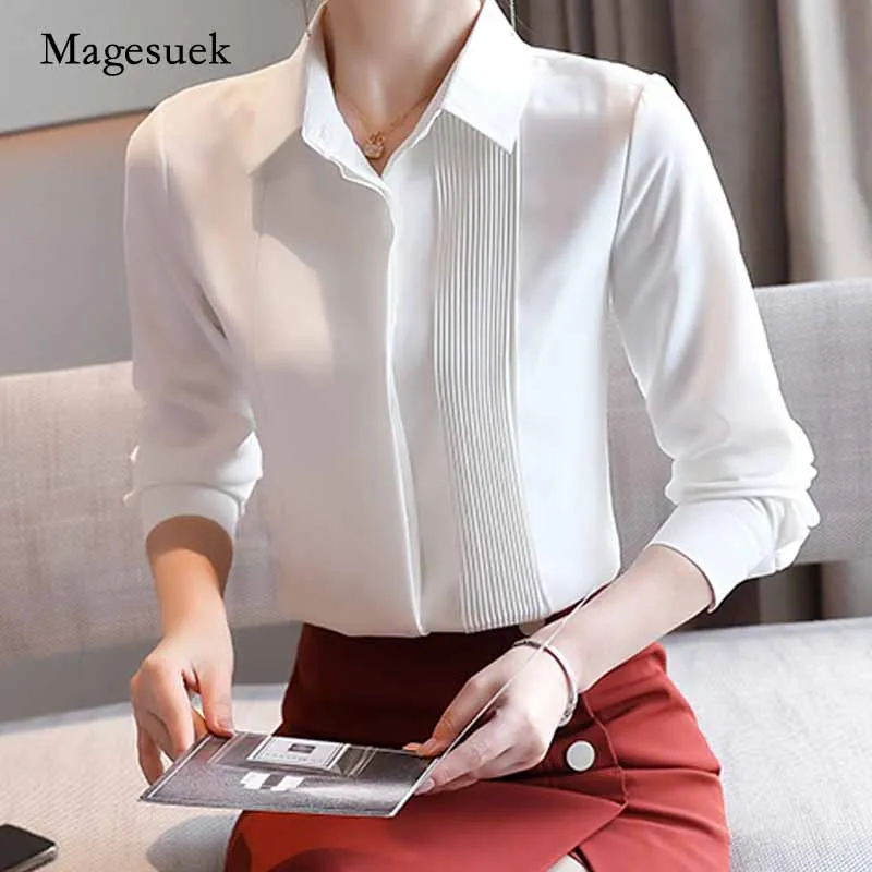 

New Women Elegant White Blouse Loose Long Sleeve Classic Chiffon Shirt Female Shirts Lady Simple Style Tops Clothes Blusas 10857