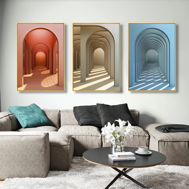 

Nordic Minimalist Pink Blue Green Arched Corridor Canvas Painting Picture Poster And Print Wall Art For Modern Living Room Decor