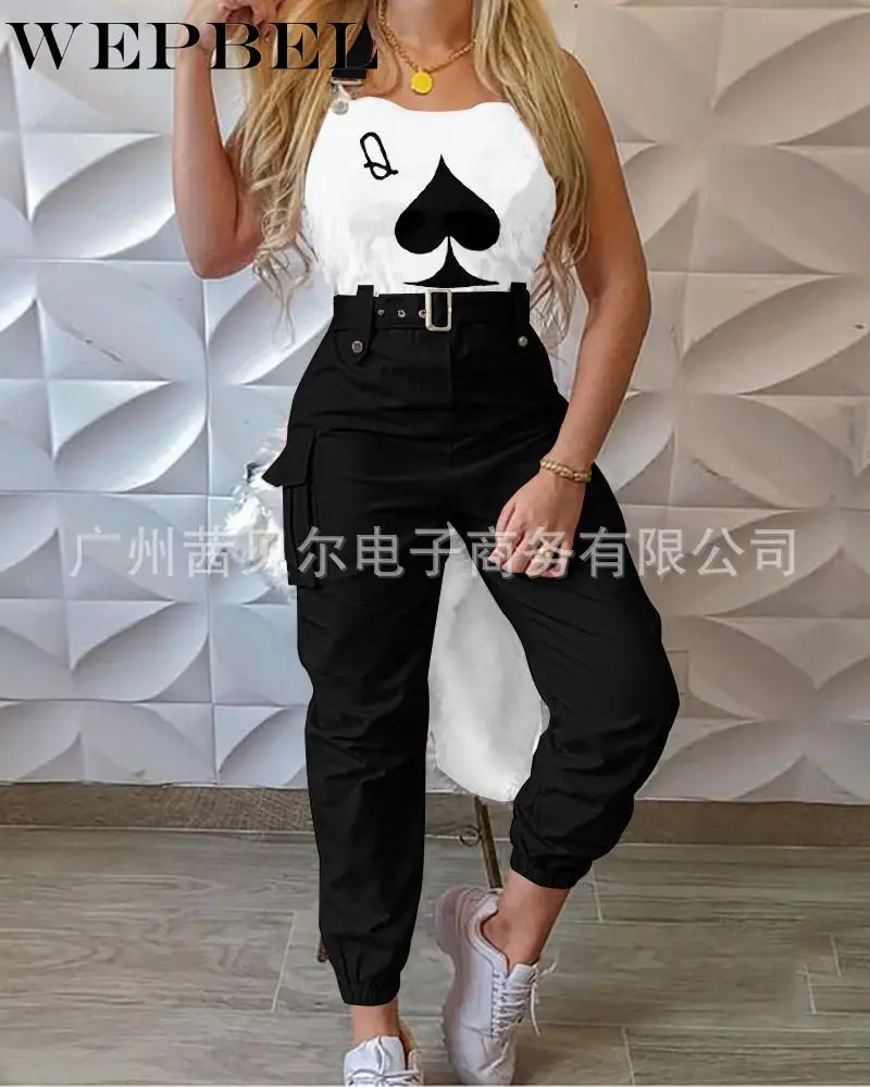 

Mandylandy With Belt Pocket Streetwear Long Playsuit Suspender Overalls Romper Women Poker Print Skinny Cargo Jumpsuit
