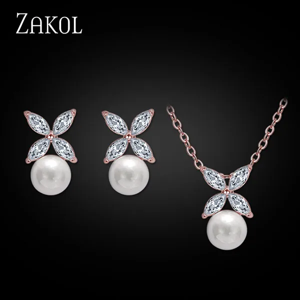 Rose Gold Color ZAKOL Комплект украшений из искусственного жемчуга, Трендовое ожерелье с кулоном из кубического циркония, серьги, набор листьев, ювелирные изделия с кристаллами для женщин FSSP293 - Окраска металла: Rose Gold Color