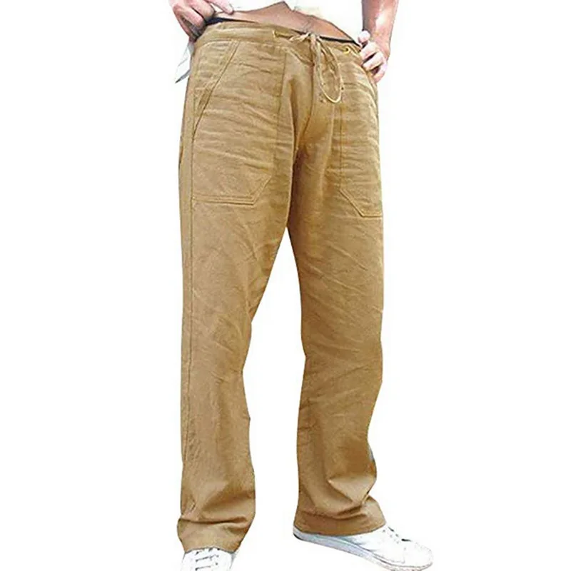 khaki CYSINCOS мужские хлопковые льняные брюки летние брюки повседневные мужские однотонные прямые свободные брюки с эластичной резинкой на талии мужская одежда - Цвет: khaki